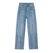 Pearl-Beaded Frog Closure Jeans with Cut-Outs