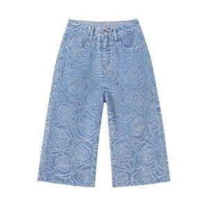 Floral Lace-Cut Cropped Denim Pants