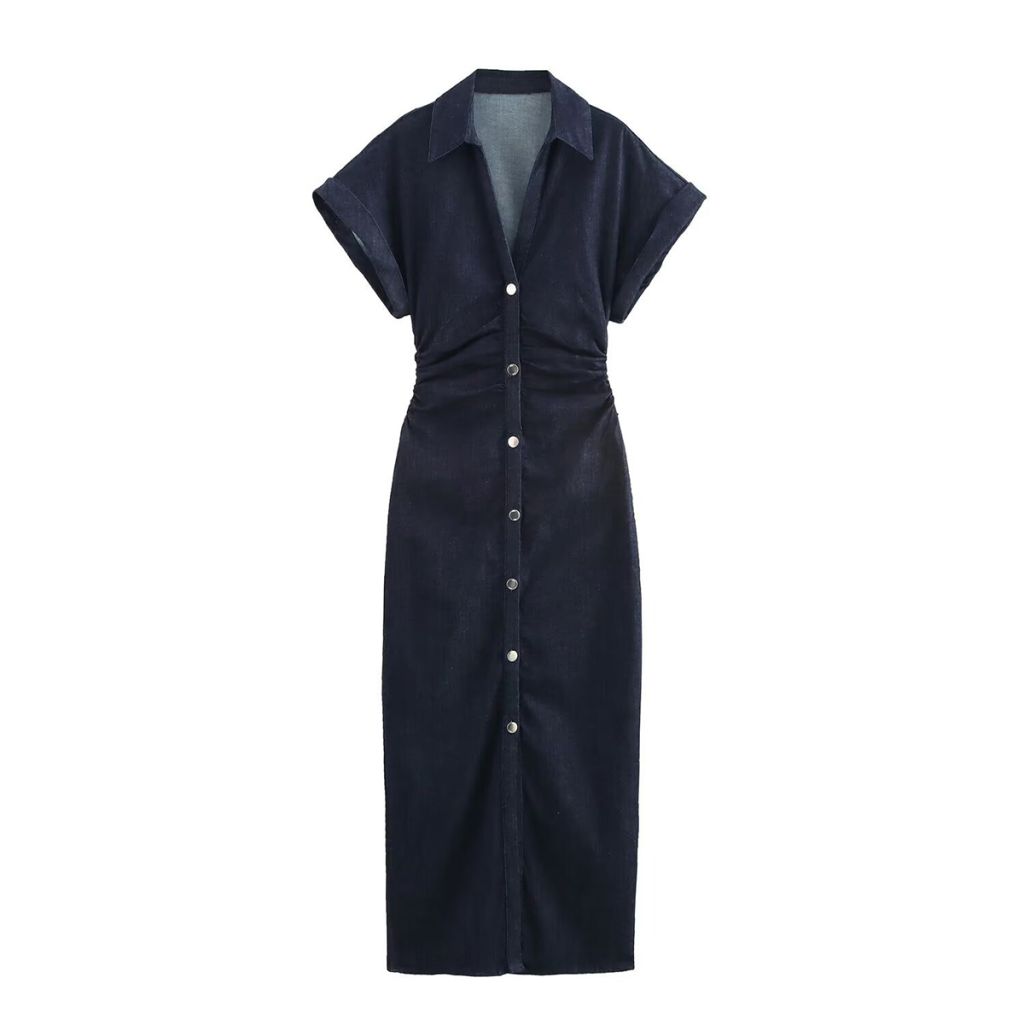 button front denim midi dress with turn-up cuffs front view