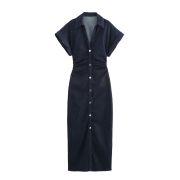 Short-Sleeve Button-Front Denim Midi Dress
