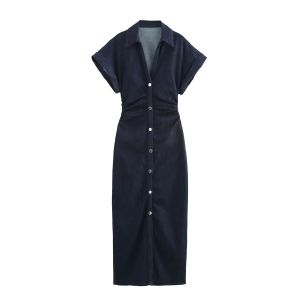 Short-Sleeve Button-Front Denim Midi Dress