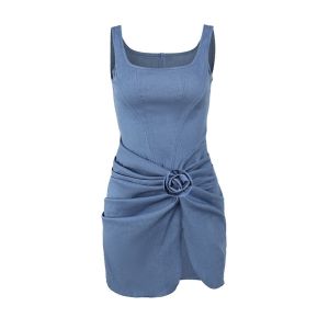 Floral Appliqué Denim Slip Mini Dress