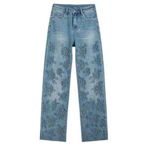 Rose Embroidered Lace-Cut Jeans with Pearl Beading