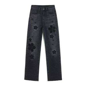 Pearl-Embellished Floral Embroidered Cut-Out Jeans