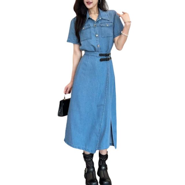 OEM Short-Sleeve Denim Midi Shirtdress front view showing collared neck, short sleeves, chest pockets, button-front closure, twin belt straps, and midi length – SKU W425Q06769-1