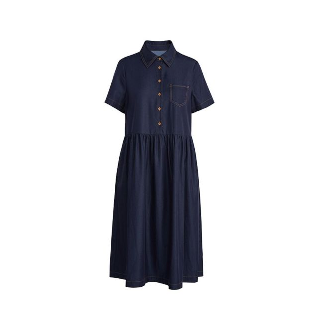 OEM Oversized Pleated Denim Midi Shirtdress front view showing collared neck, short sleeves, chest patch pocket, button-front closure, shirred waist, voluminous skirt, and midi length – SKU MCFZ28026