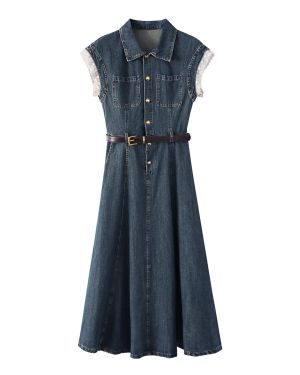 Cap Sleeve Belted Midi Denim Dress – Q17646