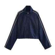 Zip-Front Gathered  Contrast Stripes Denim Jacket