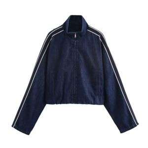 Zip-Front Gathered  Contrast Stripes Denim Jacket