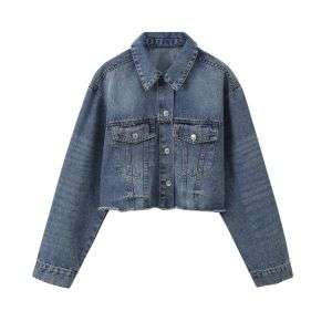 Cropped Raw Hem Washed Denim Jacket