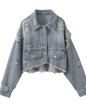 Asymmetrical Hem Cropped Ripped Denim Jacket – INNSN002