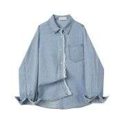 Button-Front Lace Trim Denim Shirt