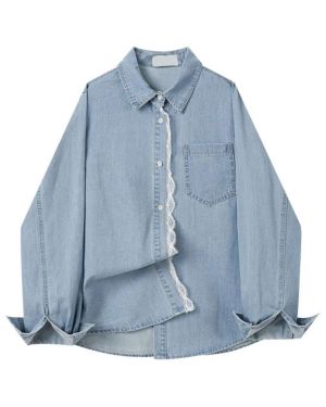 Button-Front Lace Trim Denim Shirt – S4774