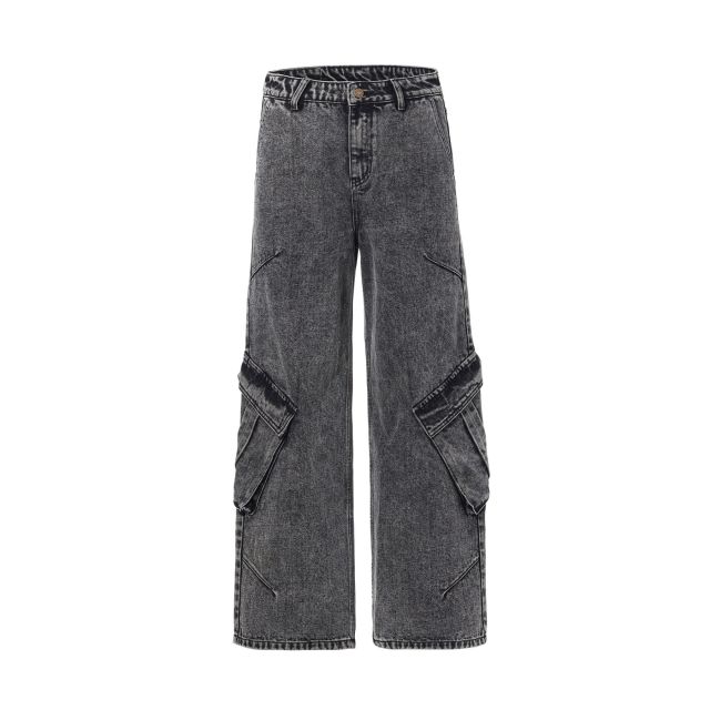 Gray denim custom cargo pants with wrinkle texture and wide-leg silhouette front view