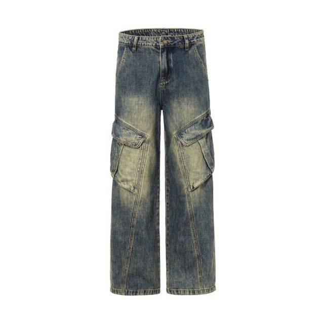 Front seam washed custom denim cargo pants with wide leg fit