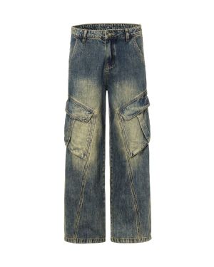 Custom Jeans Manufacturer for Front Seam Washed Denim Cargo Pants