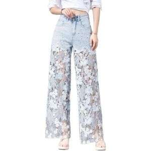 Rhinestones & Sequins Cut-Out Wide-Leg Jeans