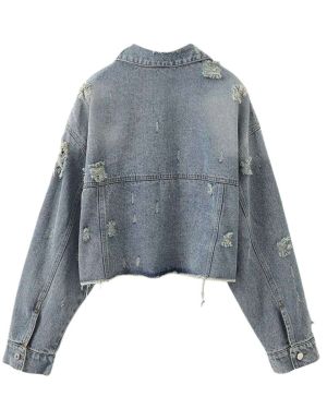 Asymmetrical Hem Cropped Ripped Denim Jacket – INNSN002