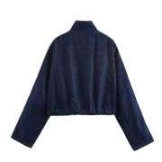 Zip-Front Gathered  Contrast Stripes Denim Jacket