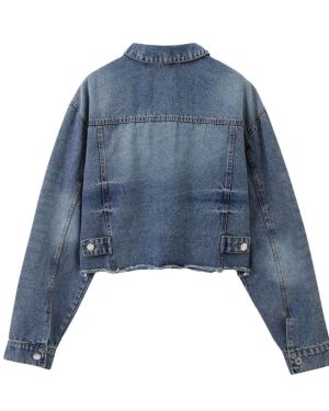 Cropped Raw Hem Washed Denim Jacket – 4352