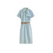Pleated Short Sleeve Midi Denim Shirtdress