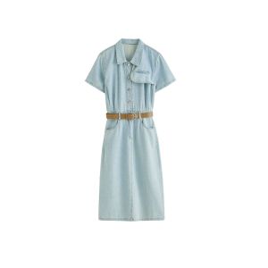 Pleated Short Sleeve Midi Denim Shirtdress