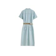 Pleated Short Sleeve Midi Denim Shirtdress