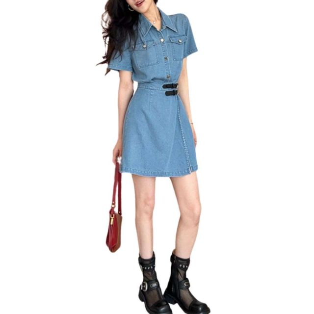 OEM Short-Sleeve Denim Mini Shirtdress front view showing collared neck, short sleeves, chest pockets, button-front closure, twin belt straps, and mini length – SKU W425Q06769