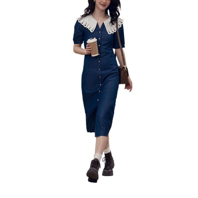 OEM Butterfly Collar Puff Sleeve Denim Midi Dress front view showing butterfly collar, puff sleeves, button-front closure, midi length, and front slit – SKU INNLZX01-1