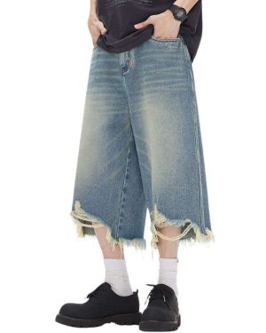 Destroyed Raw-Hem Wide-Leg Cropped Jeans Manufacturer — CD-M705