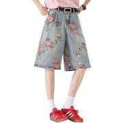 Floral Print Bermuda Denim Shorts