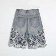 Pearl & Rhinestone Lace-Cut Denim Shorts