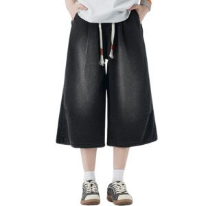 Drawstring Waist Washed Cropped Denim Pants
