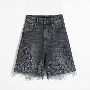 Asymmetric Heavy Embroidered Denim Shorts