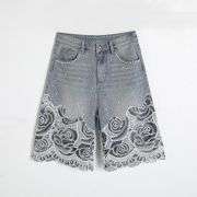 Pearl & Rhinestone Lace-Cut Denim Shorts