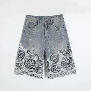 Pearl & Rhinestone Lace-Cut Denim Shorts