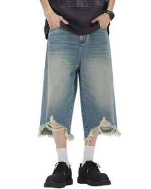Destroyed Raw-Hem Wide-Leg Cropped Jeans Manufacturer — CD-M705