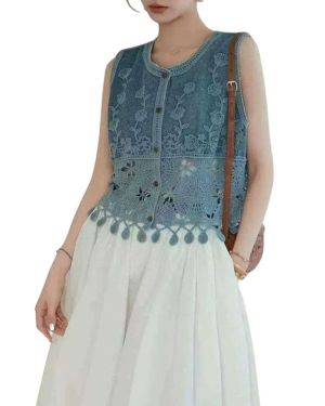 Floral-Embroidered Cut-Out Denim Vest – HZ-T1.SY-TX.VX