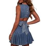 Back Tie Cut-Out Denim Pleated Minidress
