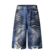 Grungy Wash Ripped Hem Denim Bermuda Shorts