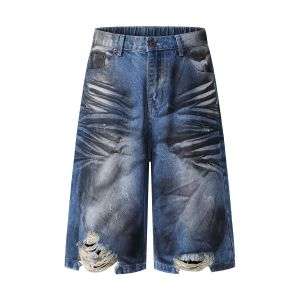 Grungy Wash Ripped Hem Denim Bermuda Shorts
