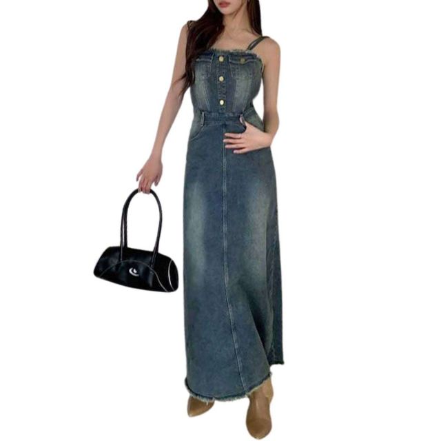 lace up back denim cami midi dress front view