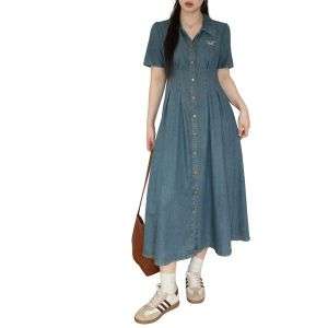 Bow-Embroidered Corset Denim Midi Dress