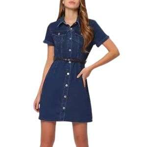 Button-Front Belted Denim Mini Shirtdress