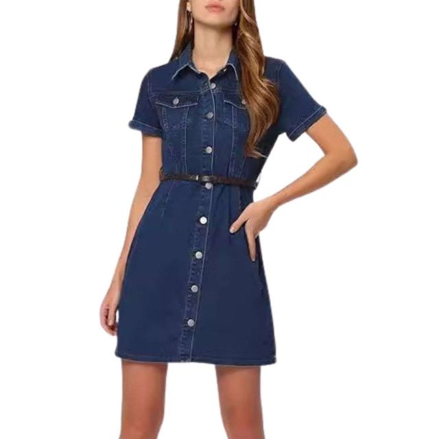 button front belted denim mini shirtdress front view
