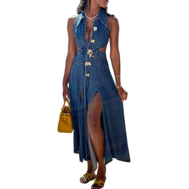 cut out sleeveless denim midi dress front view
