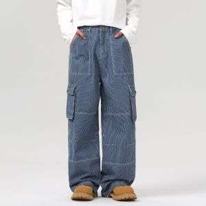 Buckle Belt Striped Denim Cargo Jeans