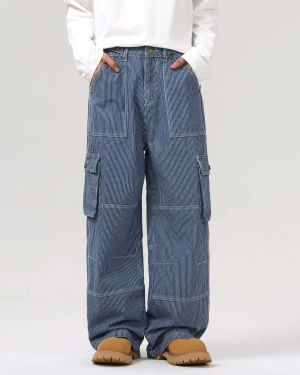 Buckle-Belt Striped Denim Cargo Jeans Manufacturer — G425