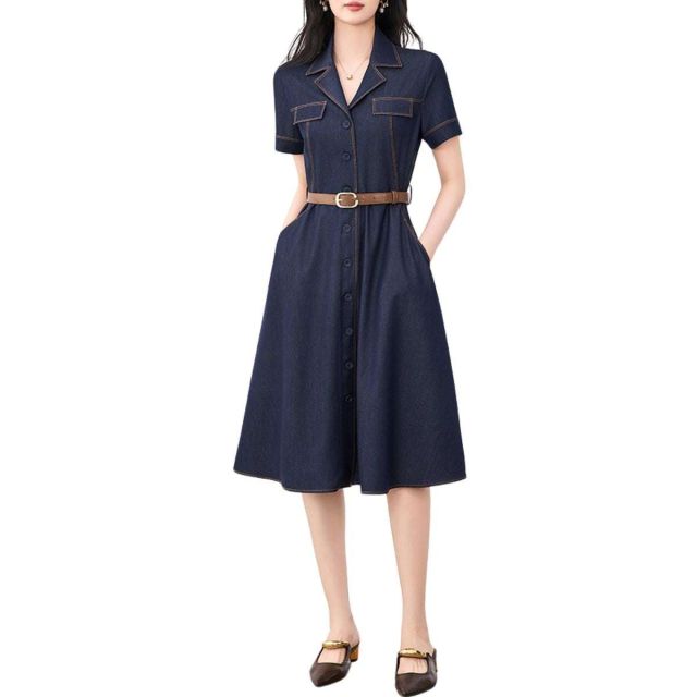 short sleeve belted denim knee length shirtdress front view
