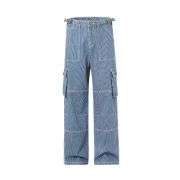Buckle Belt Striped Denim Cargo Jeans